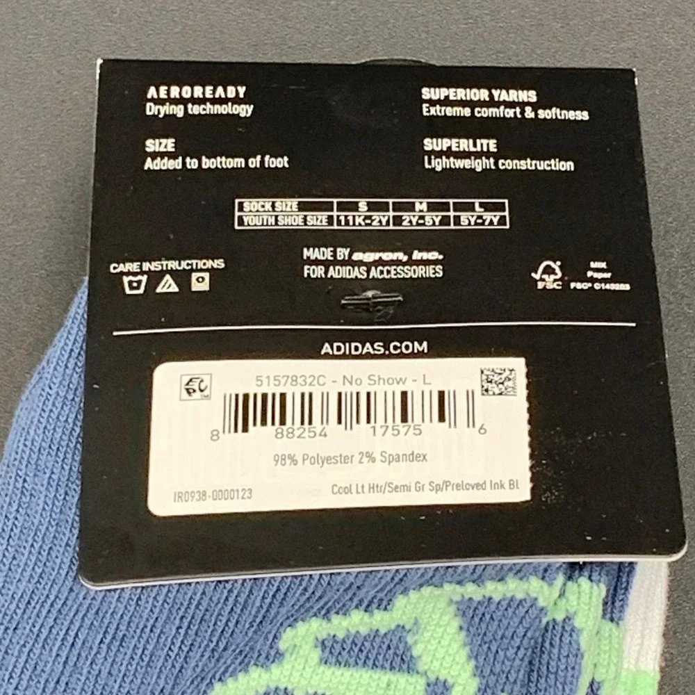 Adidas Youth Superlite No Show Socks 6-Pack L‎ 5Y-7Y Aeroready Blue Gray White